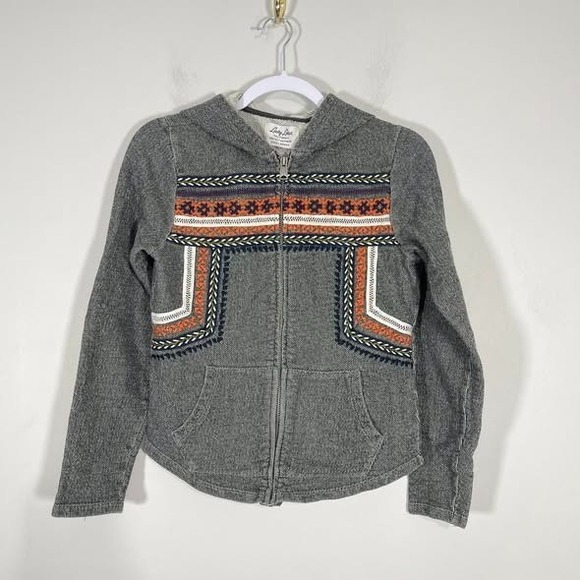 Lucky Brand Tops - Lucky Lotus Hoodie Womens Medium Gray Sweatshirt Aztec Embroidered Boho Zip